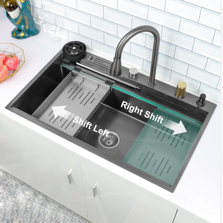 Luxury Modern Handmade 304 Stainless Steel Nano Kitchen Sink With Multifunction Waterfall Faucet