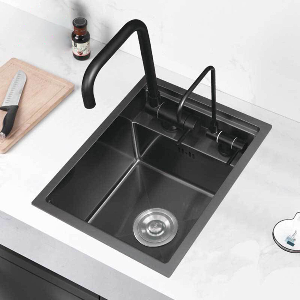 Modern Design Hidden PVD Black Concealed Kitchen Sink Single Bar Small Size Stainless Steel Balcony Sink with Folding Faucet