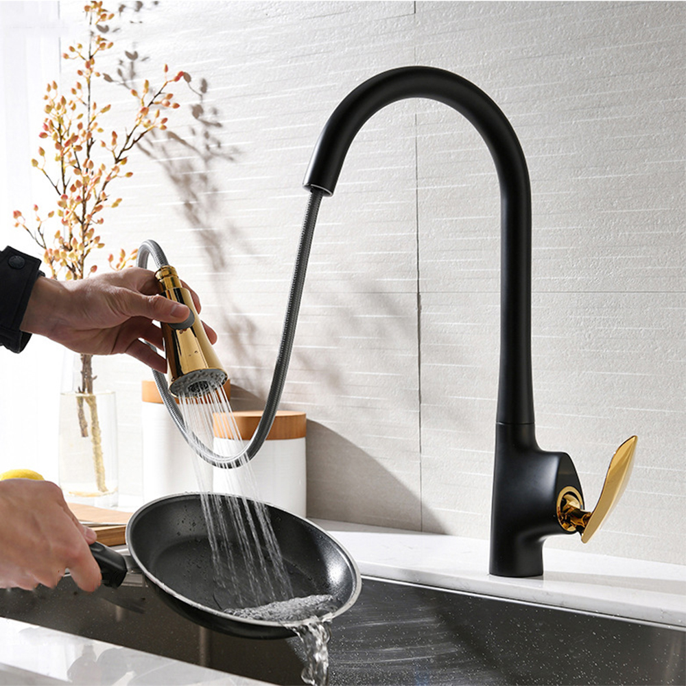 Aquacubic Graceful Style Black And Chrome Kitchen Faucets With Utility Pull Out And Down Sprayer 