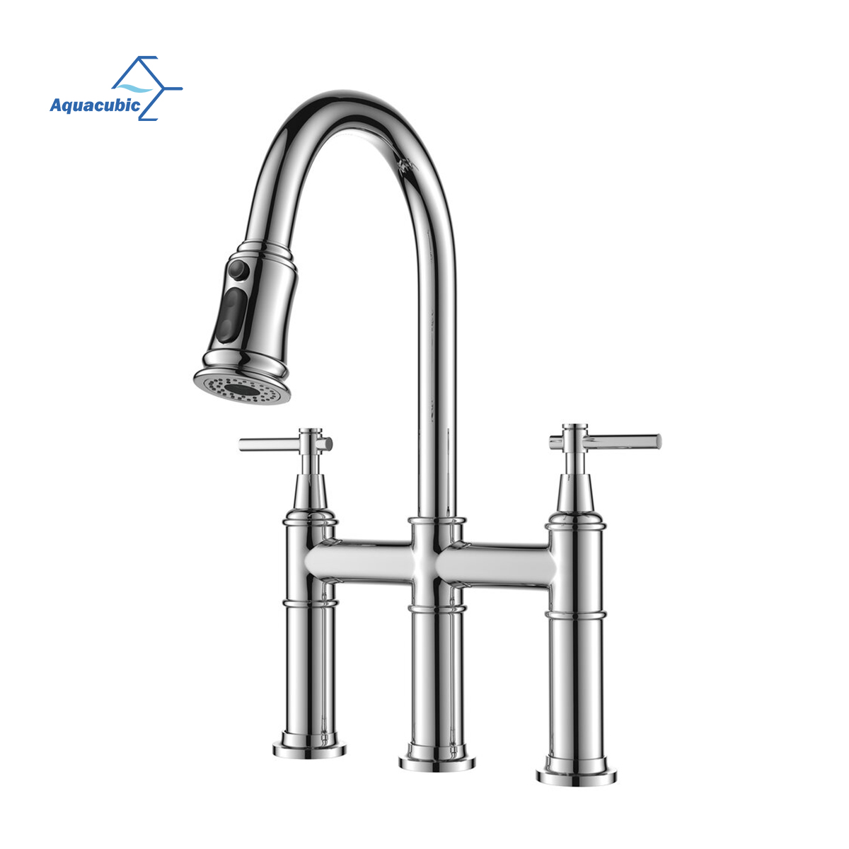 Aquacubic cUPC certified Bridge Kitchen Faucet with Pull-Down Sprayer 3 Hole Fingerprint Resistant Spot Free Kitchen Sink Faucet