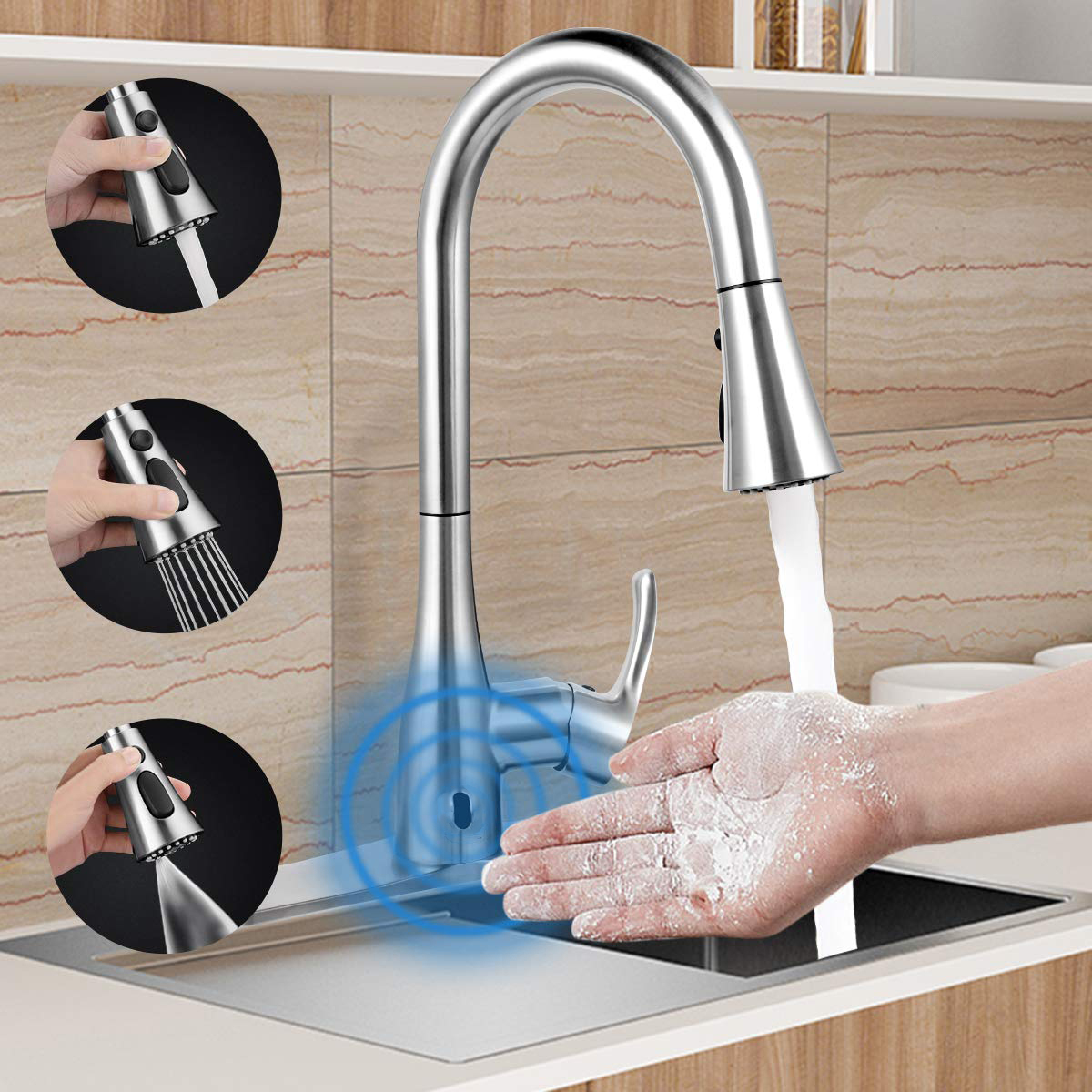 Aquacubic Infrared Sensor Kitchen Sink Faucets Spring Mixer Pull Down Tap Mixer Sense Faucets