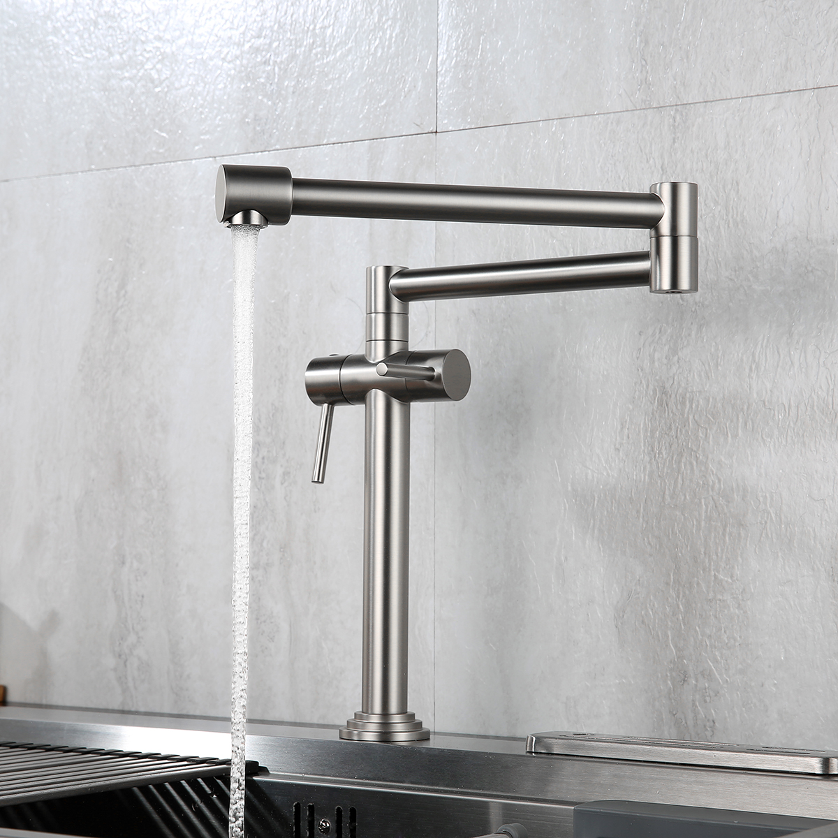 Brushed Nickel Deck Mount Pot Filler Faucet Hot and Cold Water Dual Handle Countertop Double Joints 360° Rotating Retractable Commercial Kitchen Sink Faucet Stainless Steel