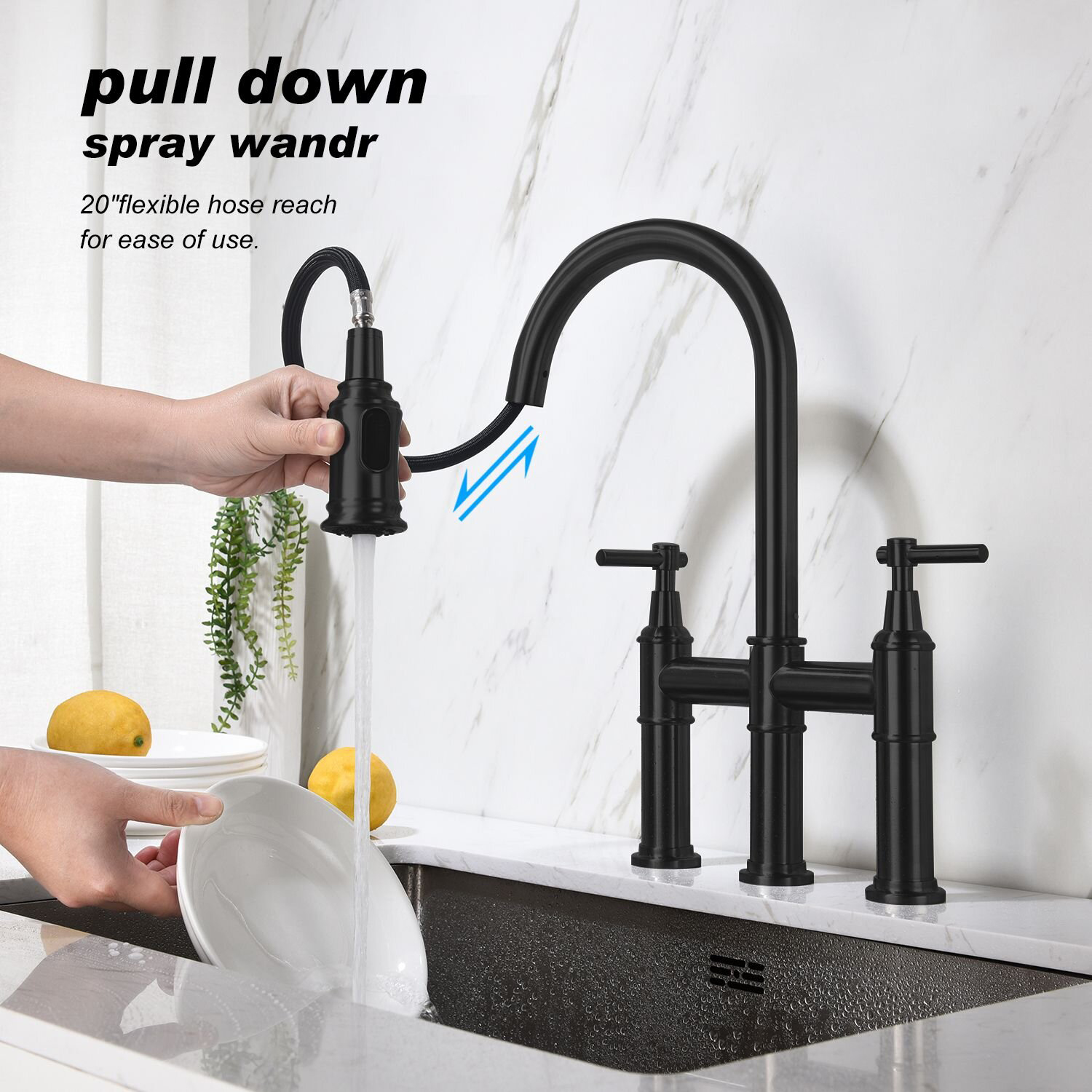  Aquacubic Bridge Kitchen Faucet with Pull-Down Sprayhead Fingerprint Resistant Spot Free (Matte Black)