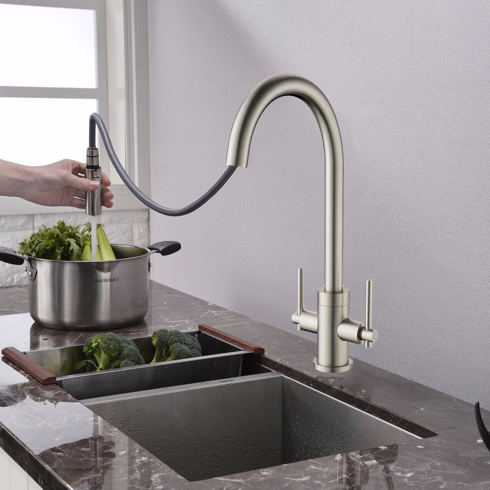 All kinds of Brass Long Flexible Hose Neck Tap Double Handle Contemporary Golden Kitchen Faucet