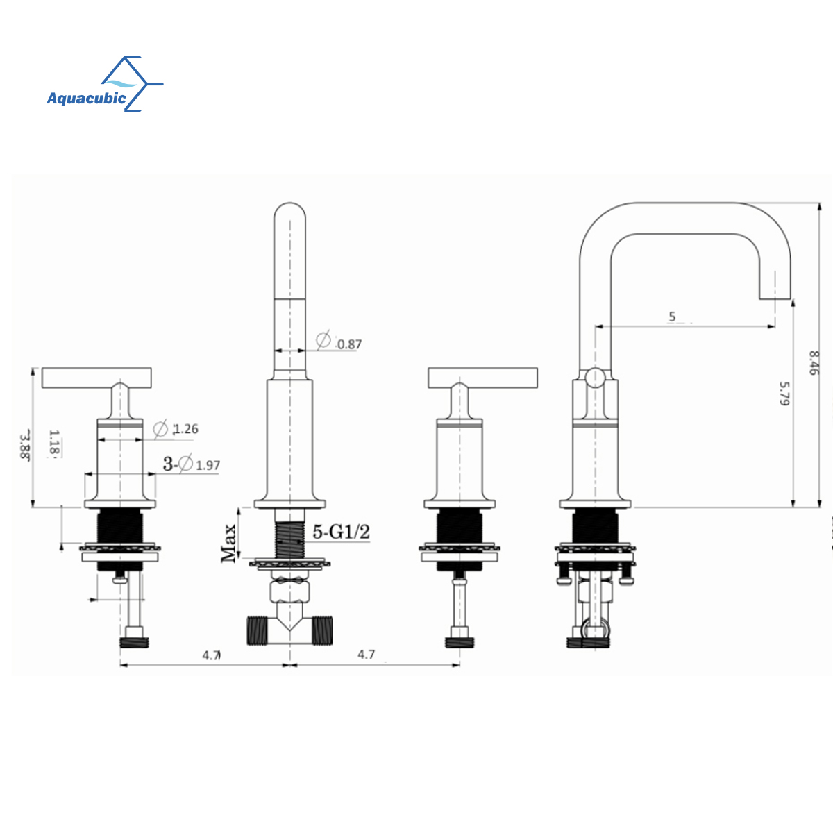 Aquacubic 2Handle Rose Gold Widespread Bathroom Faucet for 3 Holes