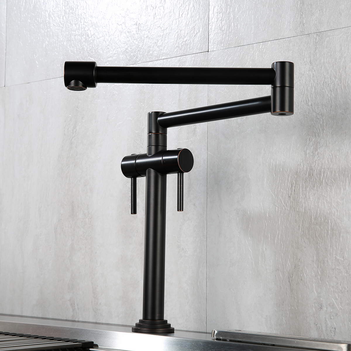 Modern Matte Black Pot Filler Faucet Deck Mounted double Handle Double Joints Free Rotating Deck Mounted Countertop Retractable Commercial Kitchen Sink Faucet