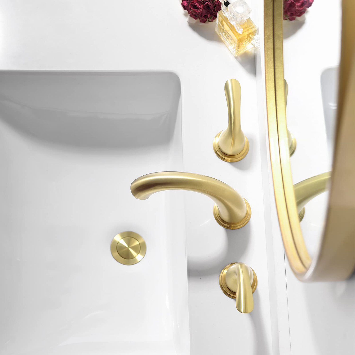 Aquacubic Widespread Brushed Gold Fancy American Style Dual Handle Three Hole Bathroom Basin Tap Lavatory Faucet
