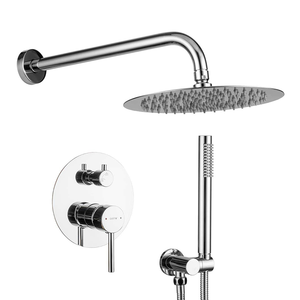 Aquacubic Chrome Double Handle Shower Faucet Set 10" Rain Shower Head with Handheld Shower