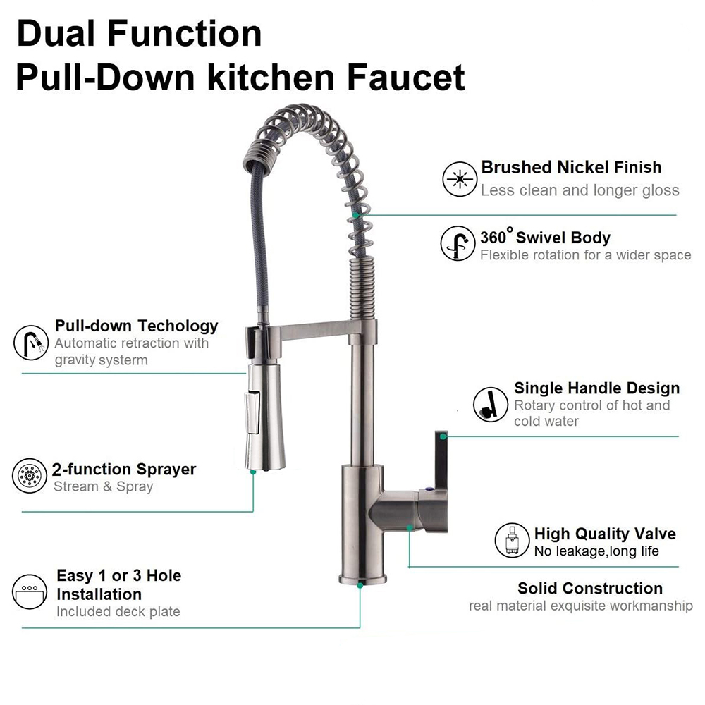 Single Handle Brushed Nickel Pull Down Spring Kitchen Sink Faucet / Tap