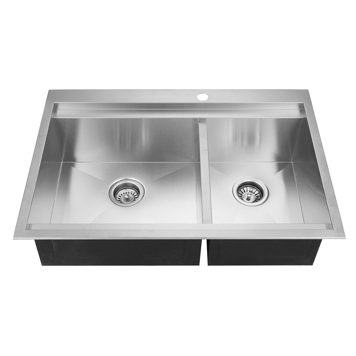 Silvery White Stainless Steel Handmade Topmount Double Bowl Kitchen Sink with Ledge