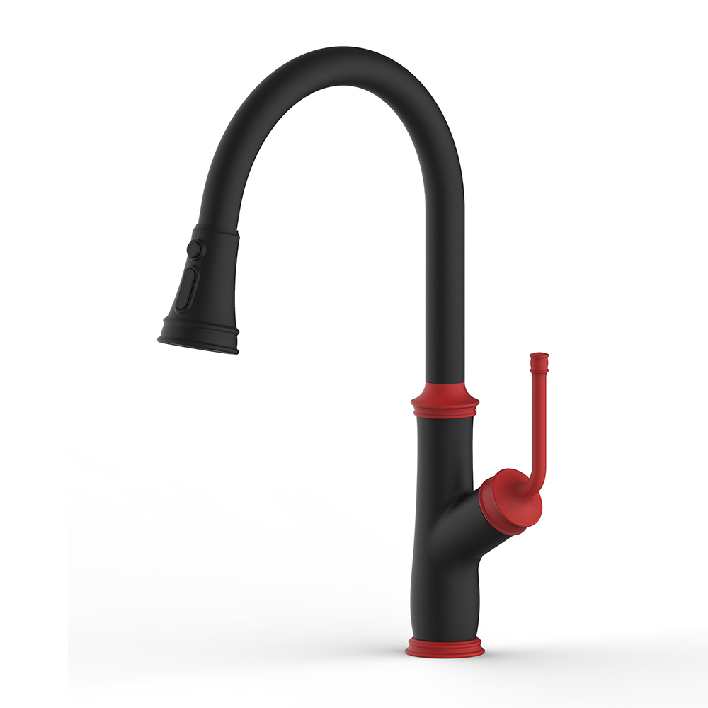 Aquacubic cUPC Lead Free Brass Body Black and Red Pull Down Kitchen Faucet AF3068-5BR