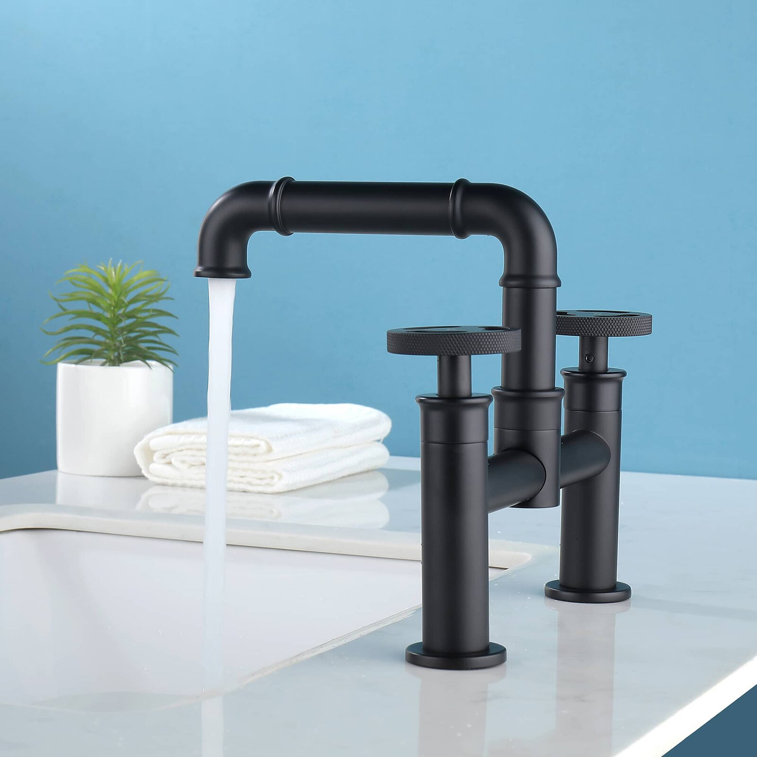 Industrial Pipe Bathroom Vessel Sink Faucet Matte Black 2-Handle Solid Brass Bridge Bathroom Kitchen Sink Faucet