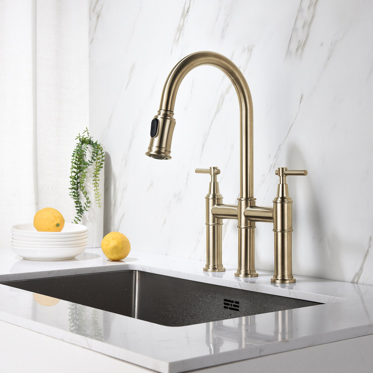 Brushed Gold Bridge Kitchen Faucet with Pull Down Sprayer, Oakland Brass Kitchen Faucet 3 Hole Spot-Resistant Lead-Free