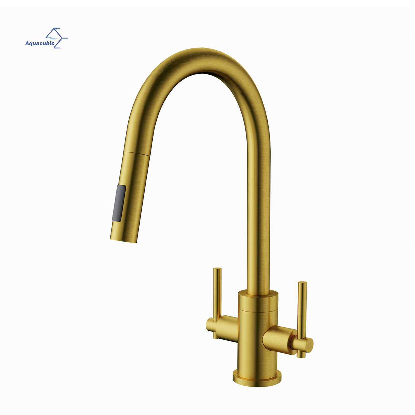Aquacubic cUPC All kinds of Brass Long Flexible Hose Neck Tap Double Handle Contemporary Golden Pull Down Kitchen Faucet