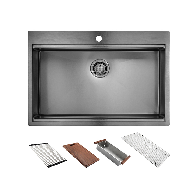 33" x 22" Stainless Steel Handmade Topmount Gunmetal Black Nano Workstation Kitchen Sink