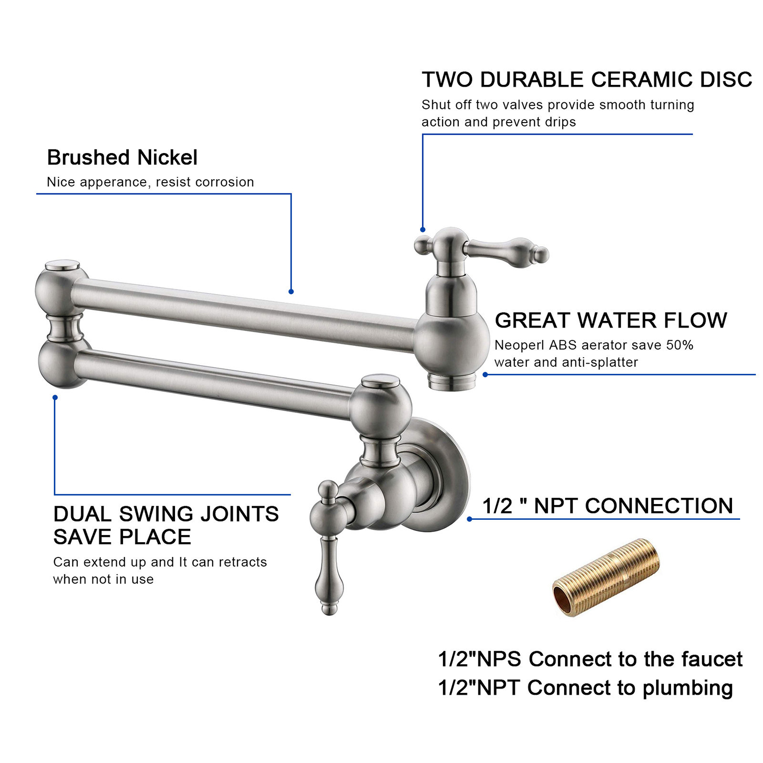 Aquacubic Pot Filler Folding Faucets,Wall Mount Pot Filler Kitchen Faucet Solid Brass,Swing Arm Folding Brushed Gold Modern Kitchen Sink Faucet Folding Stretchable with Single Hole Two Handle
