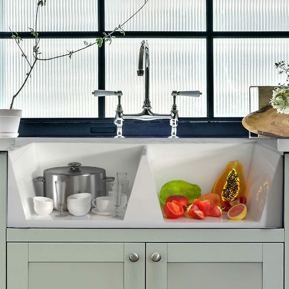 33 inch White Fireclay Farmhouse Double Basin Reversible Kitchen Sink with 2 Stainless Steel Grid and 2 Drains