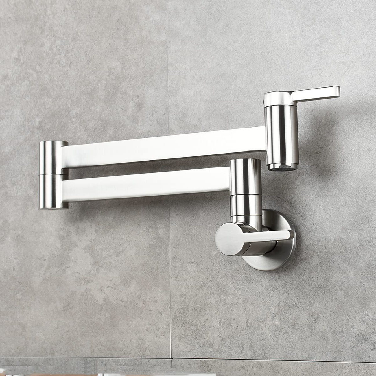 Aquacubic Pot Filler Kitchen Faucet, Brushed Nickel Wall Mount Pot Faucet with Folding Arms for Kitchen Sink