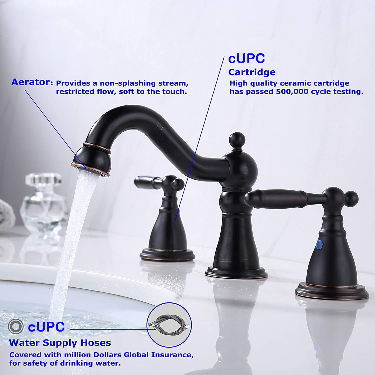 Aquacubic Modern Lavatory Sink Faucet 3 Holes 8 Inch Widespread Assembly ORB Bathroom Basin Faucet Taps
