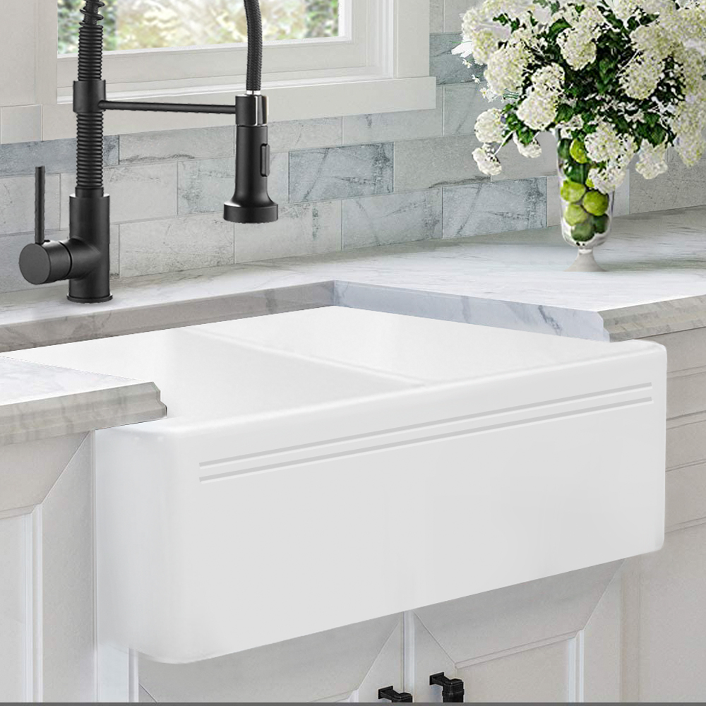 32 Inch White Fireclay Double Basin Reversible Kitchen Sink